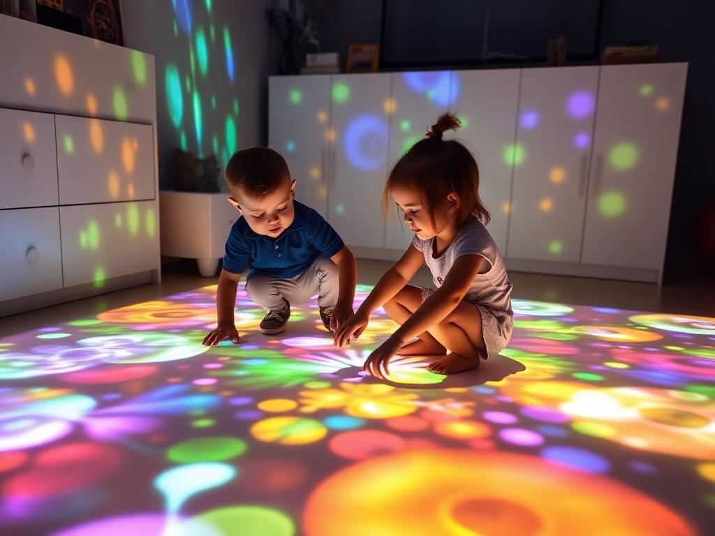 Kids playing on interactive projection light floor